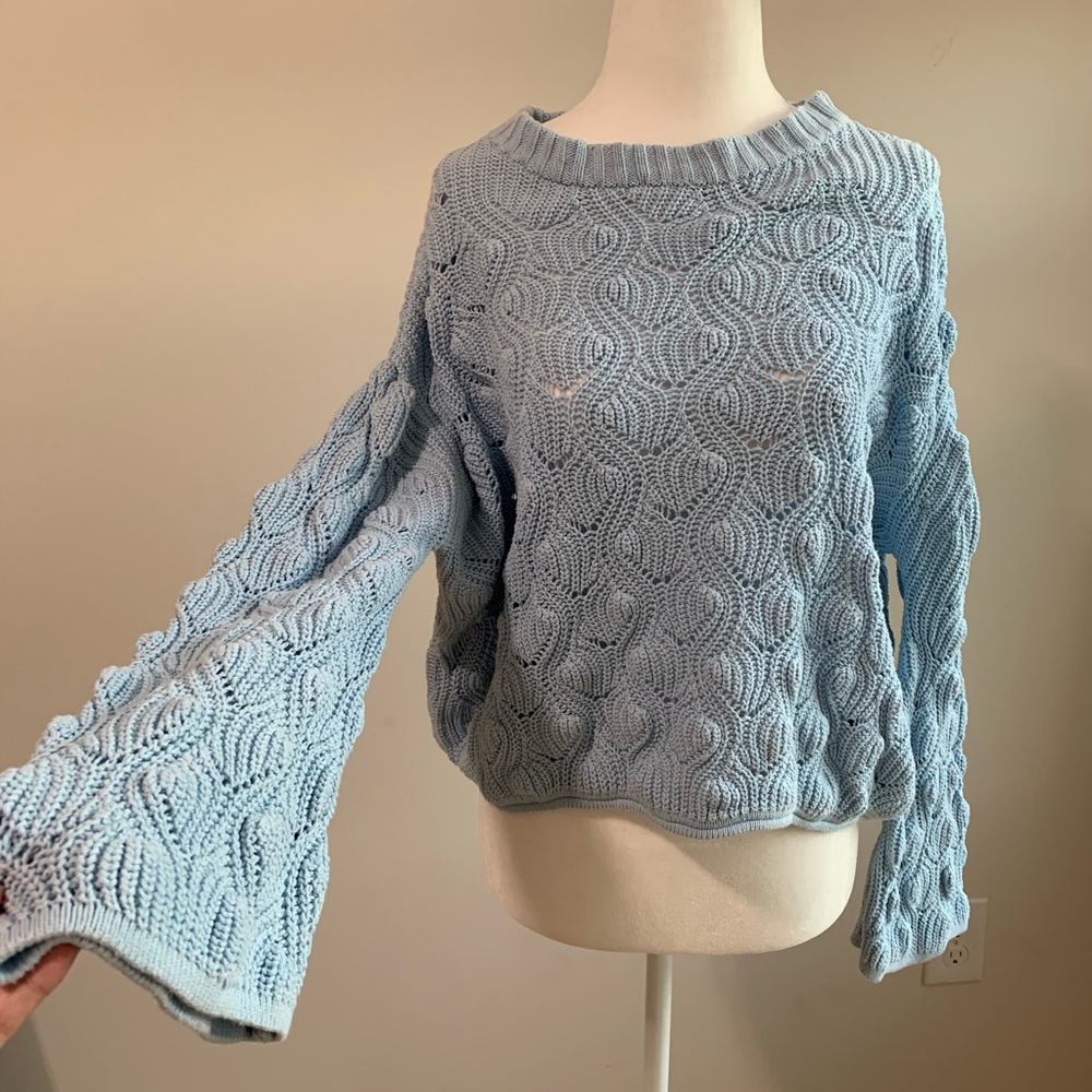 BN2 Alya Baby Blue Cable Knit Crochet Sweater‎ Puffed Slouchy Sleeve Large